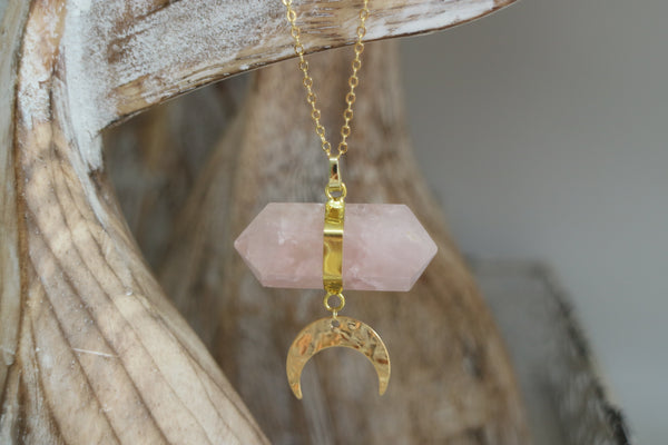 Load image into Gallery viewer, Rose Quartz Crystal Gold Necklace with Gold Moon Charm
