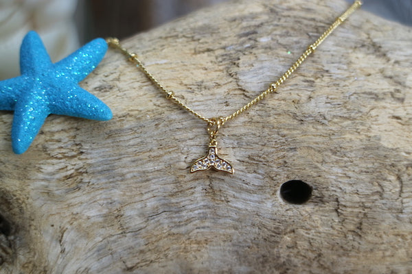 Load image into Gallery viewer, Gold whale tail children&#39;s necklace with cubic zirconia
