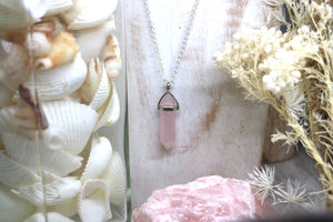 Rose quartz point silver necklace